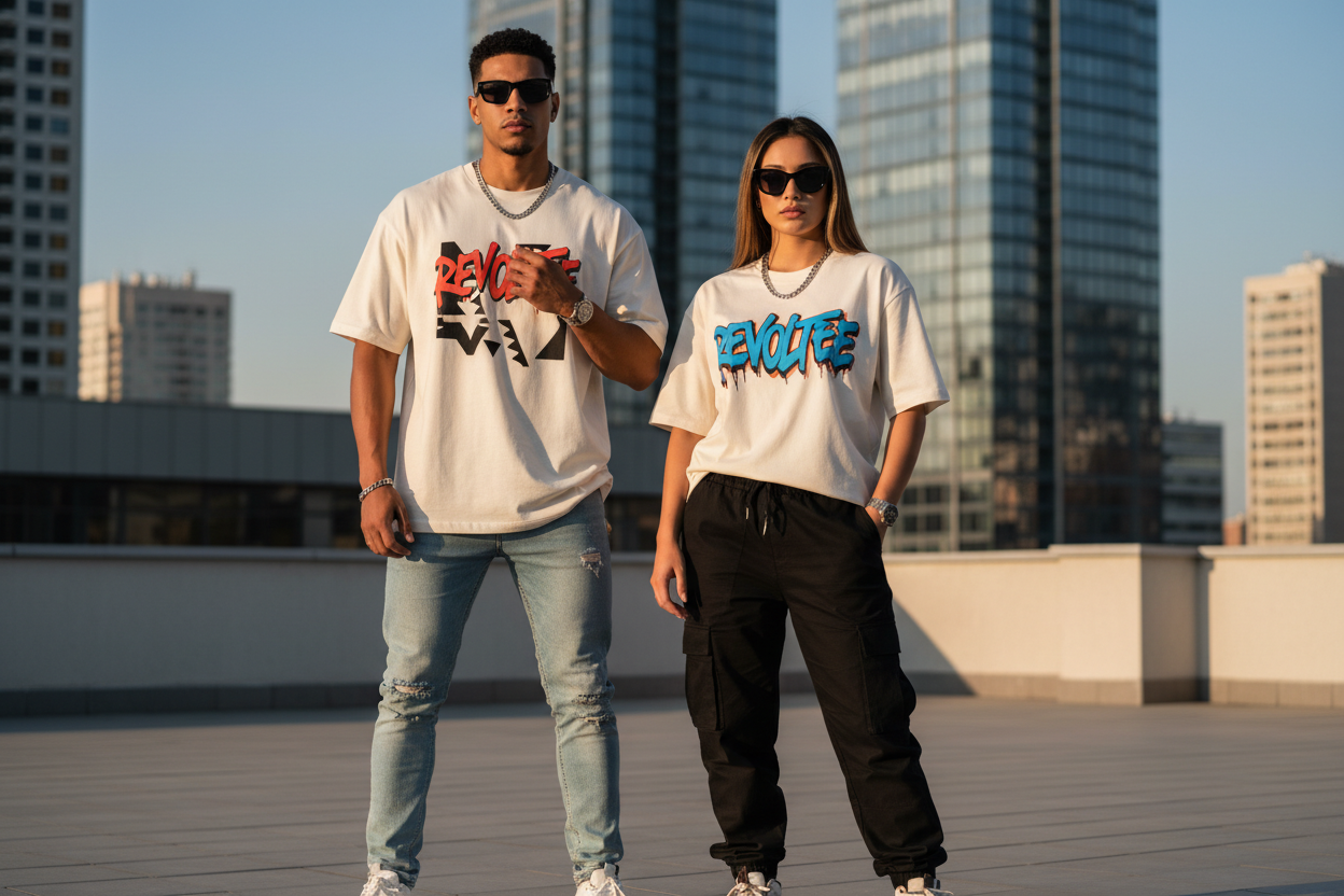 E MODEL WEARING A REVOLTTEE TSHIRT BOTH MEN AND WOMEN